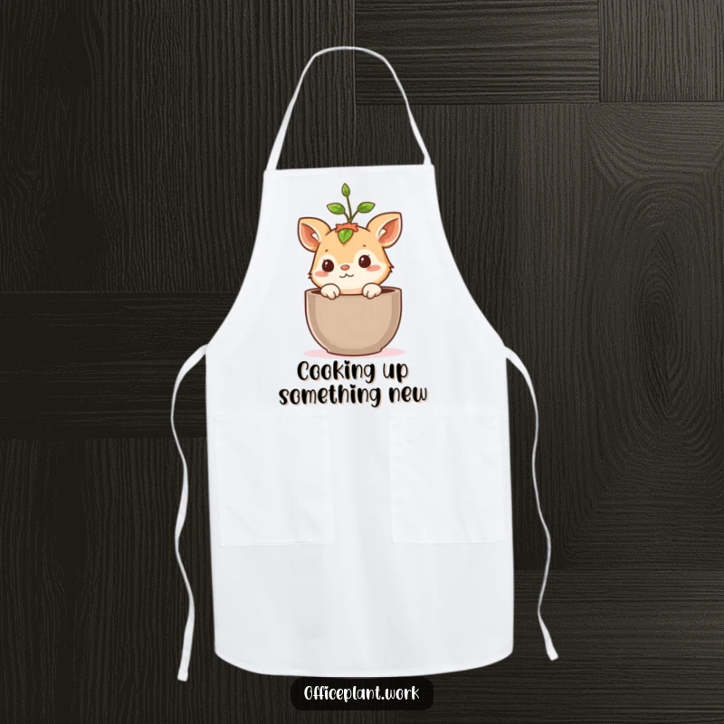 Funny apron with a cute, curious animal peeking out of a plant pot, a sprout growing above its head, perfect for kitchen fun and humor.
