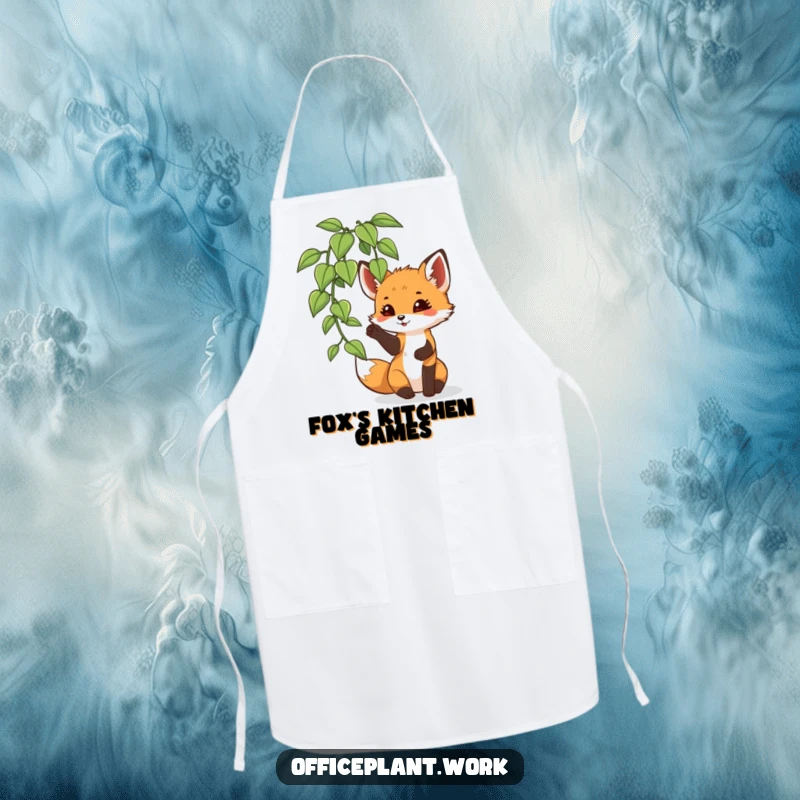 Funny fox cub apron, playfully batting at an office plant leaf, designed for kitchen or garden protection with charm.