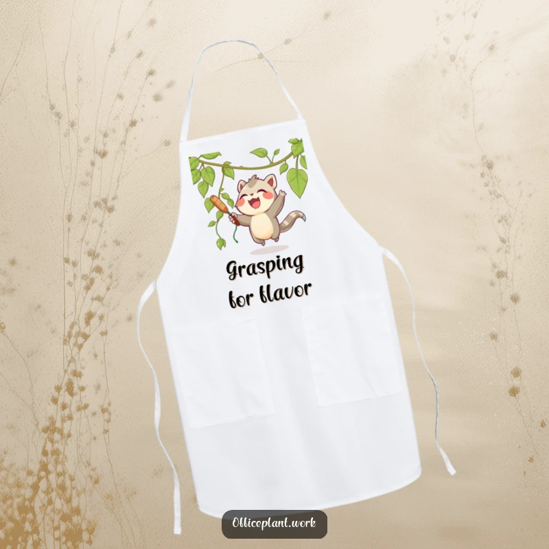 Funny apron with a joyous creature playfully swatting at a dangling vine from a plant, perfect for adding fun to kitchen tasks.