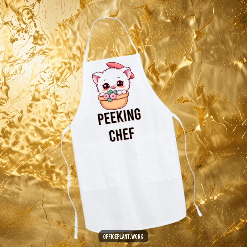 Funny fuzzy creature apron peeking from behind a succulent, perfect for humorous gardening or kitchen activities.