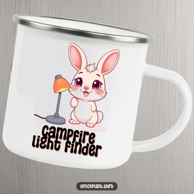 Funny bunny camping mug, a playful creature nudging a desk lamp, designed for outdoor enjoyment and humorous gifting.