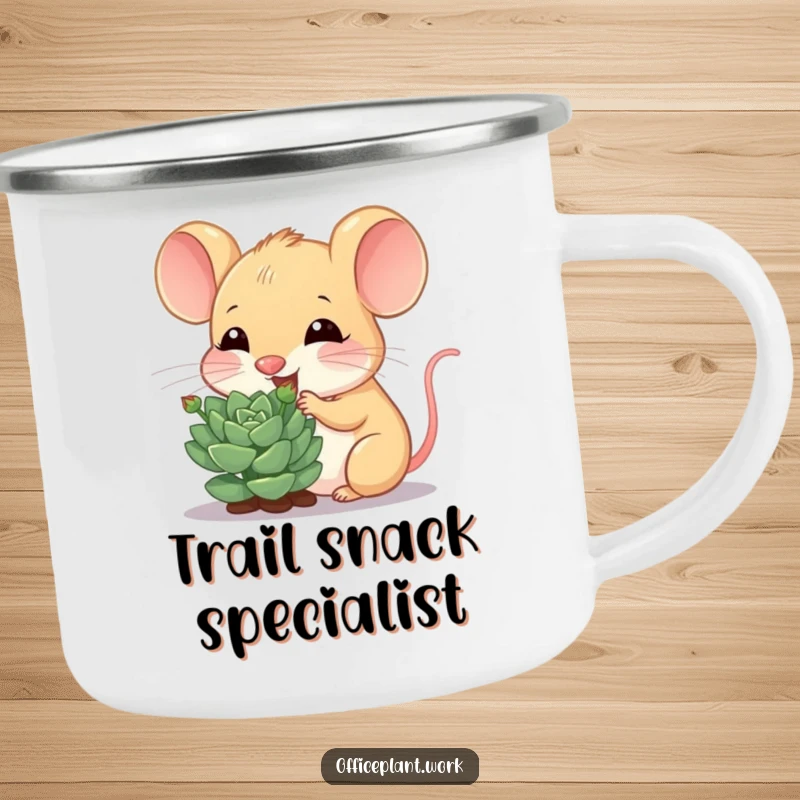 Funny mouse camping mug, a cheerful critter nibbling a succulent sprout, designed for outdoor enjoyment and gentle humor.