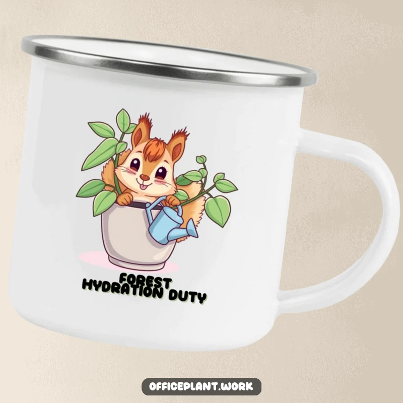 Funny squirrel camping mug, a curious critter watering an office plant, designed for outdoor use and humorous enjoyment.