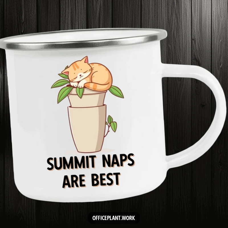 Funny camping mug with a contented cat napping on a tall office plant pot, perfect for outdoor brews.