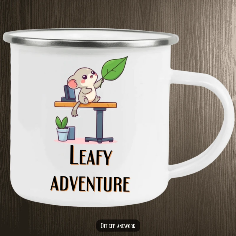 Funny playful creature camping mug design, balancing on a desk leg reaching for a leaf, for humorous outdoor enjoyment.