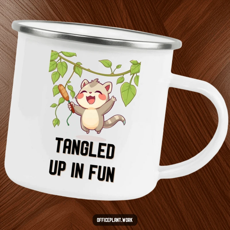 Funny camping mug with a joyous creature playfully swatting at a dangling vine from a plant, bringing fun to your campsite beverages.