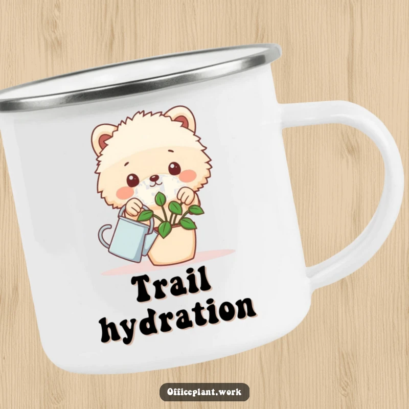 Funny fluffy animal camping mug design, peeking over a desk plant with a tiny watering can, for humorous outdoor enjoyment.