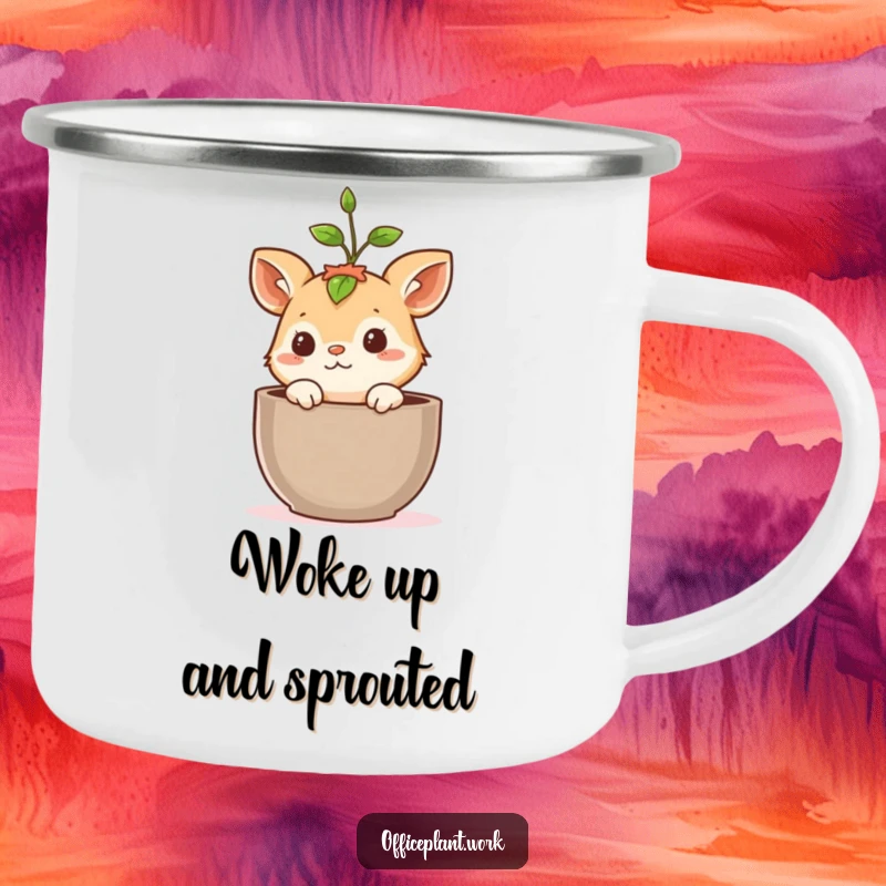 Funny camping mug with a cute, curious animal peeking from a plant pot, a sprout growing above its head, ideal for outdoor humor.