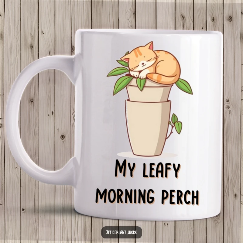 Funny mug with a contented cat napping curled up on a tall office plant pot, showcasing pure relaxation.
