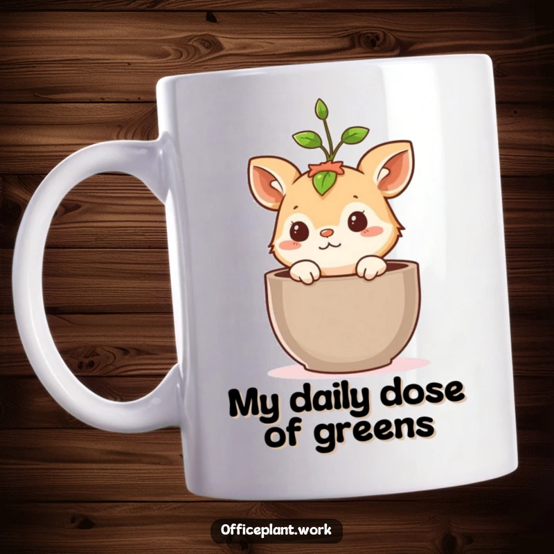 Funny mug with a cute, curious animal peeking out of a flower pot, a small green sprout growing above its head, looking adorable.