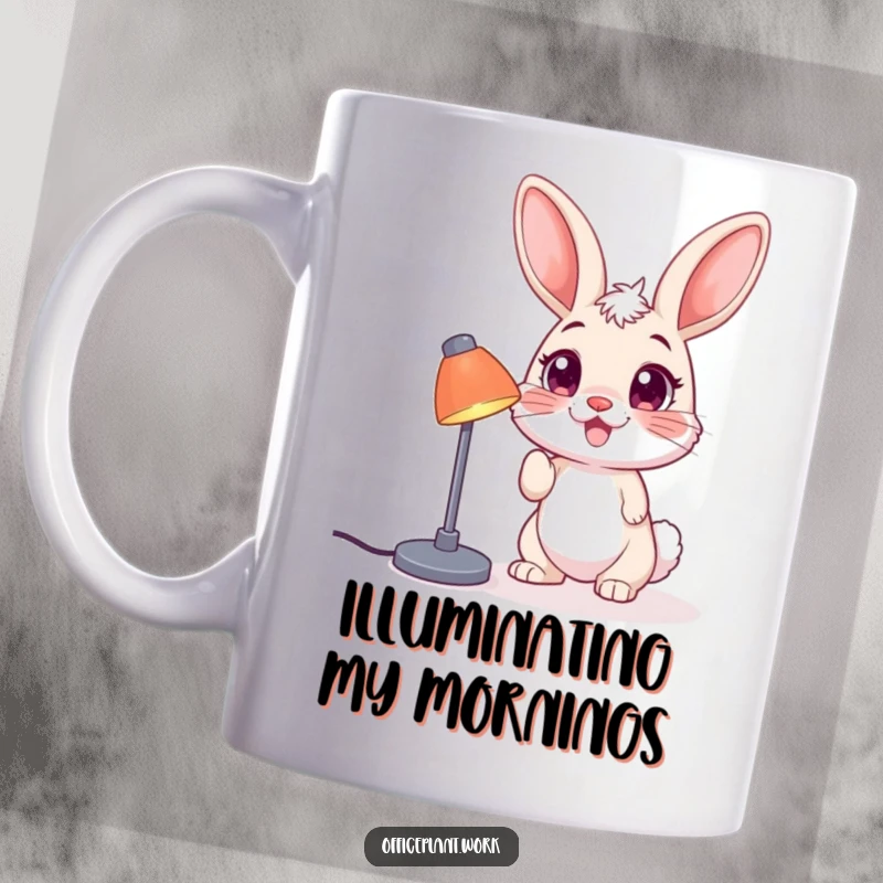 Funny happy bunny mug with big bright eyes playfully nudging a desk lamp, perfect for coffee lovers.