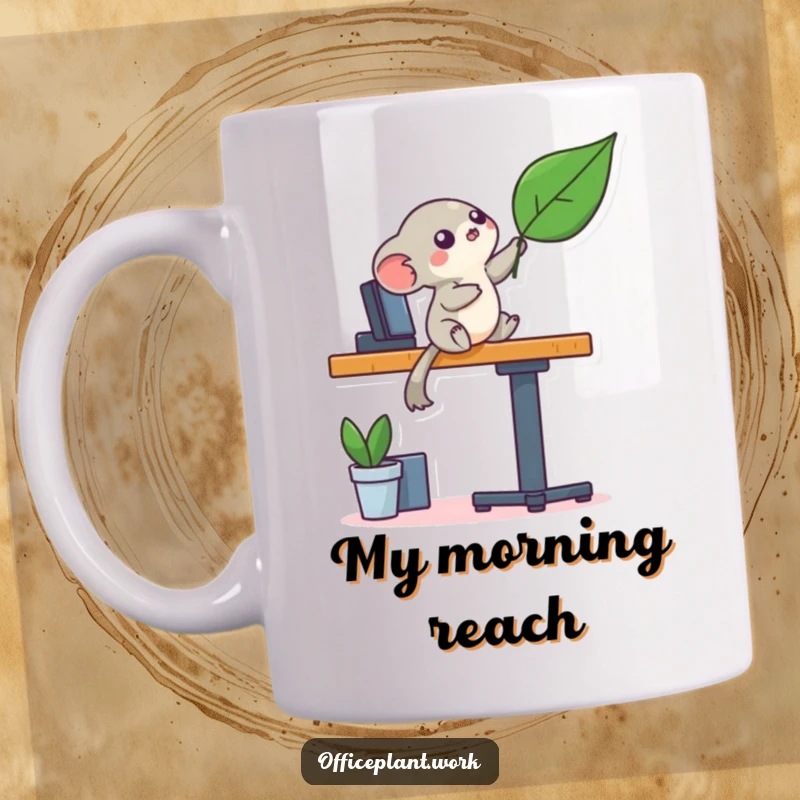 Funny playful creature balancing on a desk leg reaching for a leaf on a mug, a humorous and whimsical gift.