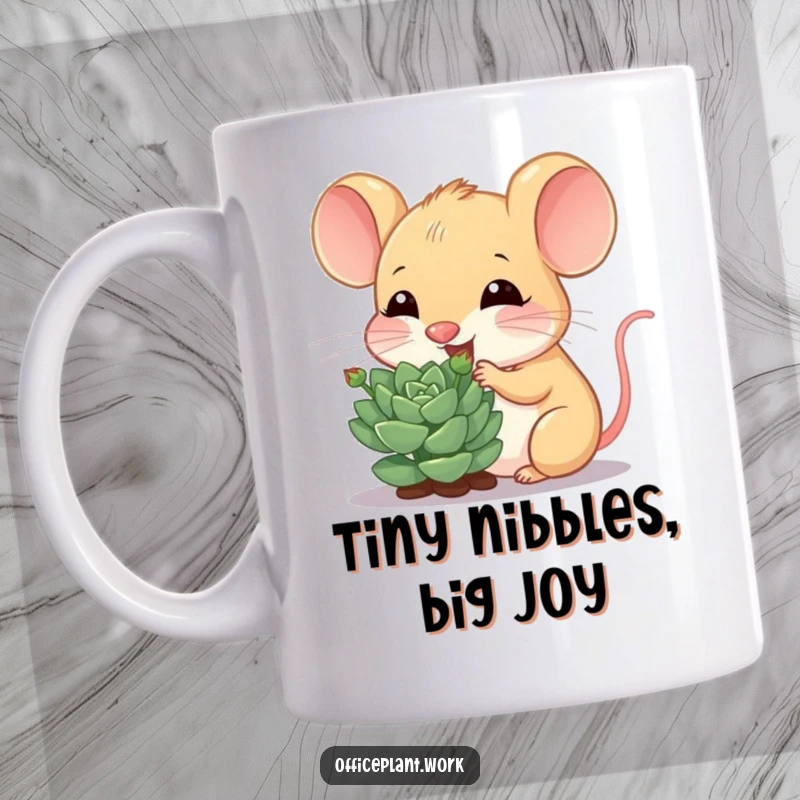 Funny cheerful mouse mug nibbling a sprout from a succulent plant, perfect for plant lovers and cute gift seekers.