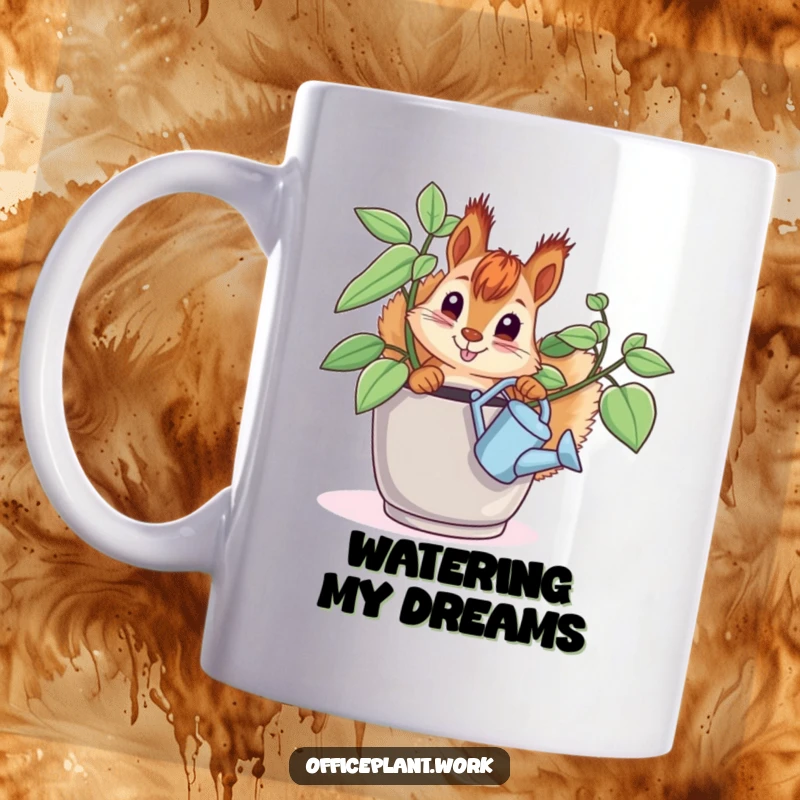 Funny curious squirrel mug peeking from behind an office plant, holding a tiny watering can, perfect for plant lovers.