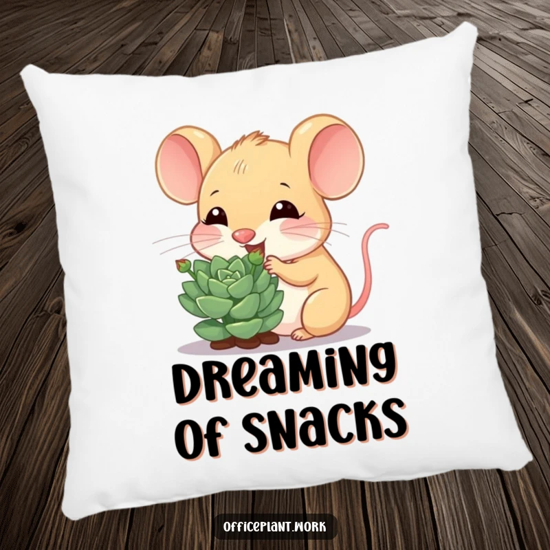 Funny mouse pillow, a happy creature nibbling a succulent sprout, offering comfort and botanical humor for relaxation.