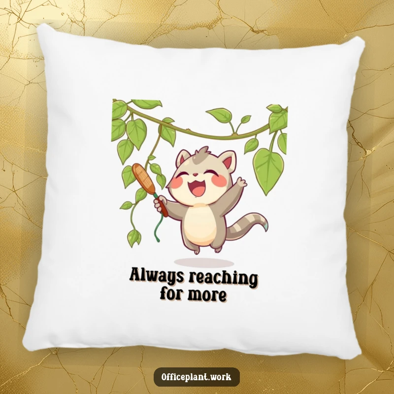 Funny pillow featuring a happy, joyous creature playfully swatting at a dangling vine from a plant, offering both comfort and a good laugh.