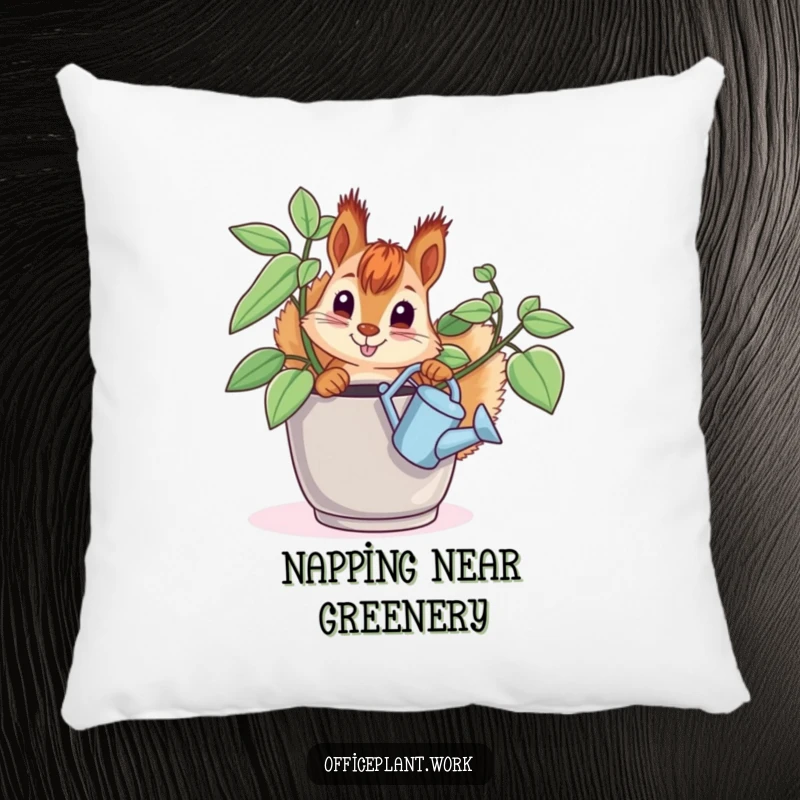 Funny squirrel pillow, depicting a curious critter watering an office plant, offering comfort and humor for any room.