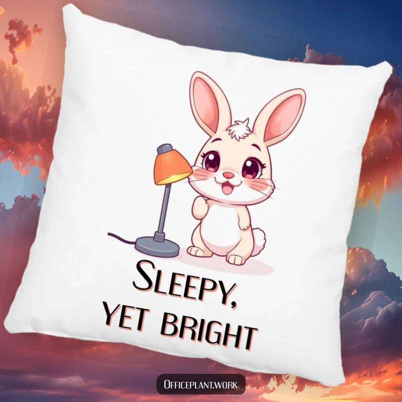Funny bunny pillow, a happy creature nudging a desk lamp, offering comfort and playful humor for any setting.