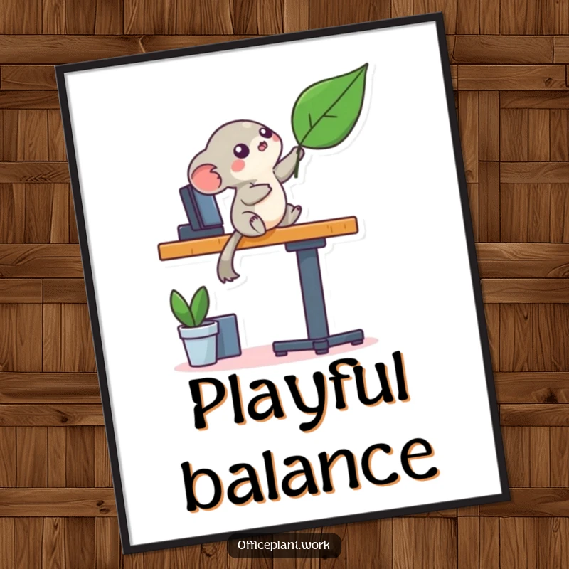 Funny playful creature digital art print balancing on a desk leg reaching for a leaf, perfect for humorous decor.