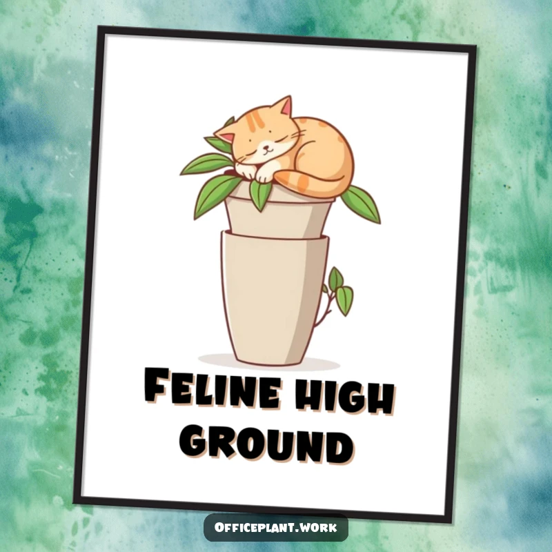 Funny digital art print of a contented cat napping on a tall office plant pot, ready for instant display.