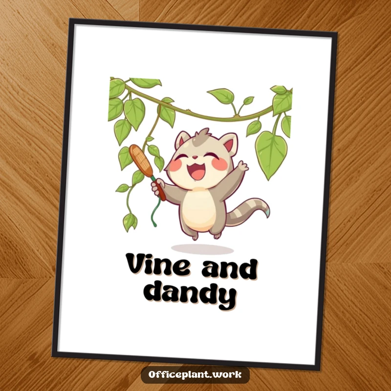 Funny digital art print of a joyous creature playfully swatting at a dangling vine from a plant, bringing instant fun and whimsy.