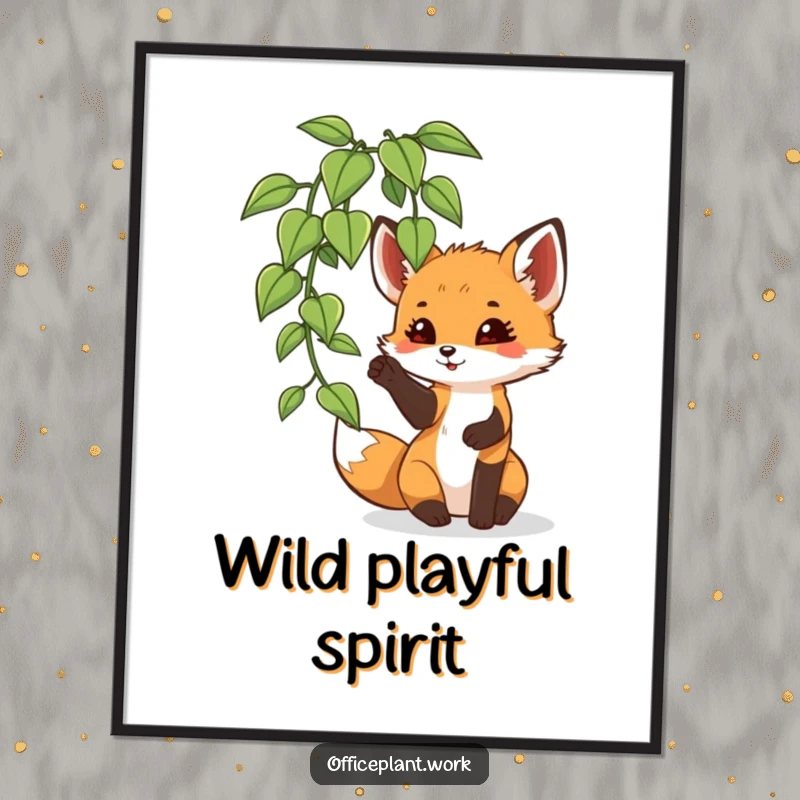 Funny digital art print of a playful fox cub batting at an office plant leaf, perfect for instant download and woodland decor.