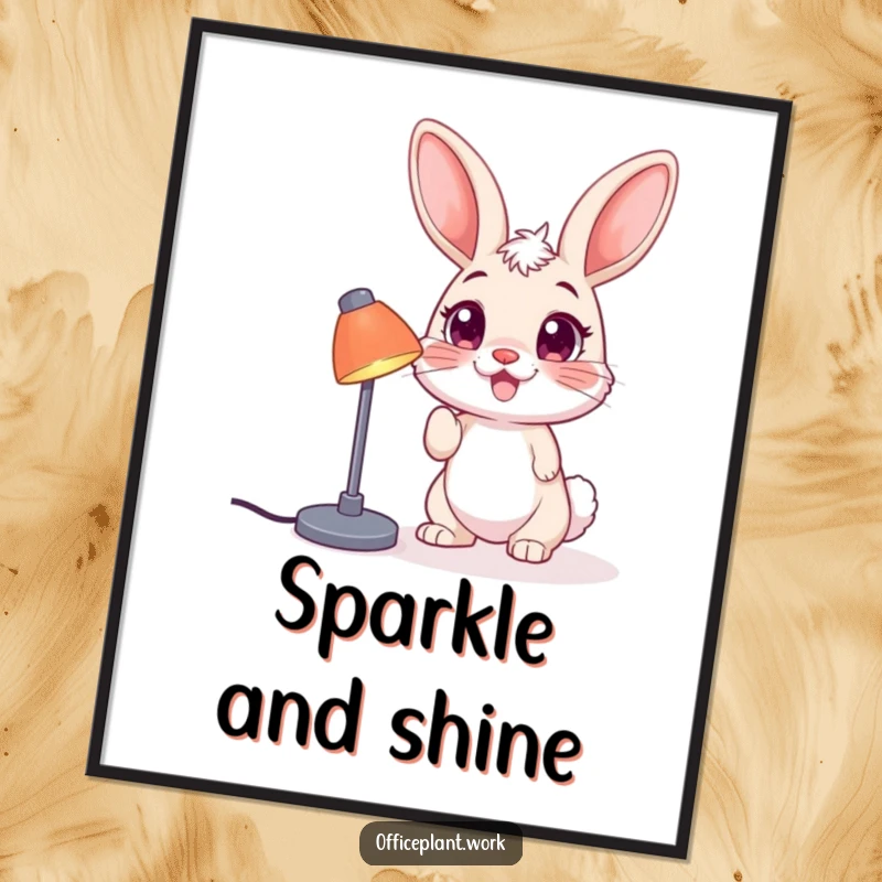 Funny digital art print of a happy bunny nudging a desk lamp, perfect for instant download and playful decor.