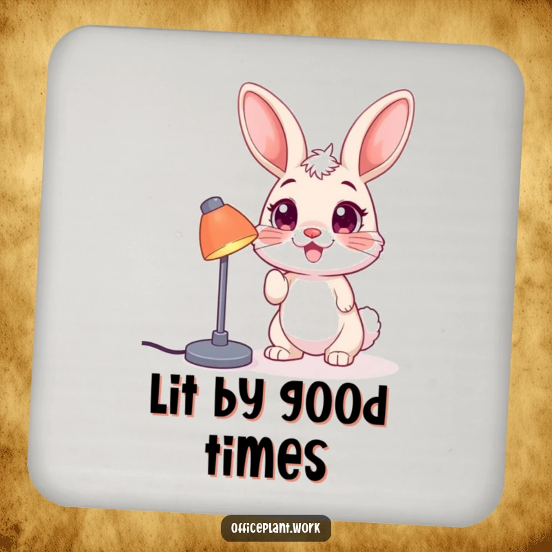 Funny bunny drink coasters, depicting a playful creature nudging a desk lamp, safeguarding tables with humor.