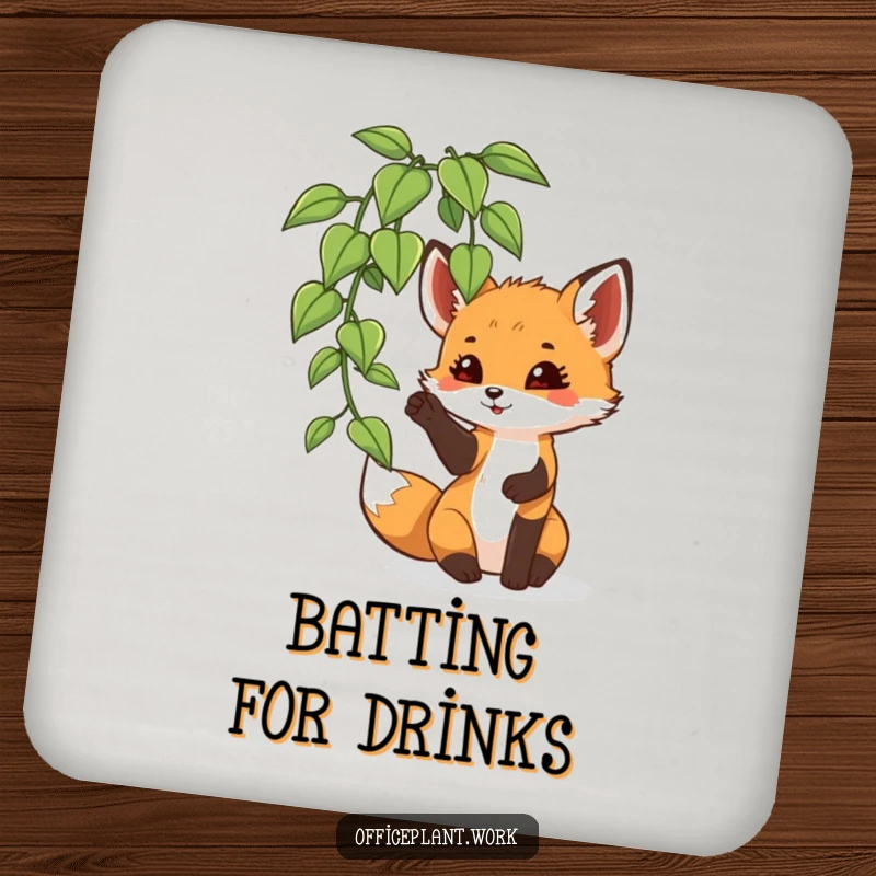 Funny fox cub drink coasters, depicting a playful creature batting at an office plant leaf, safeguarding tables with woodland humor.