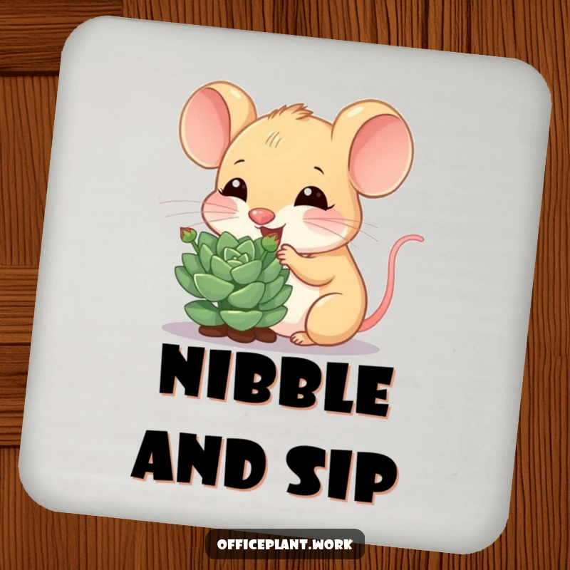Funny mouse drink coasters, depicting a cheerful critter nibbling a succulent sprout, safeguarding tables with natural humor.