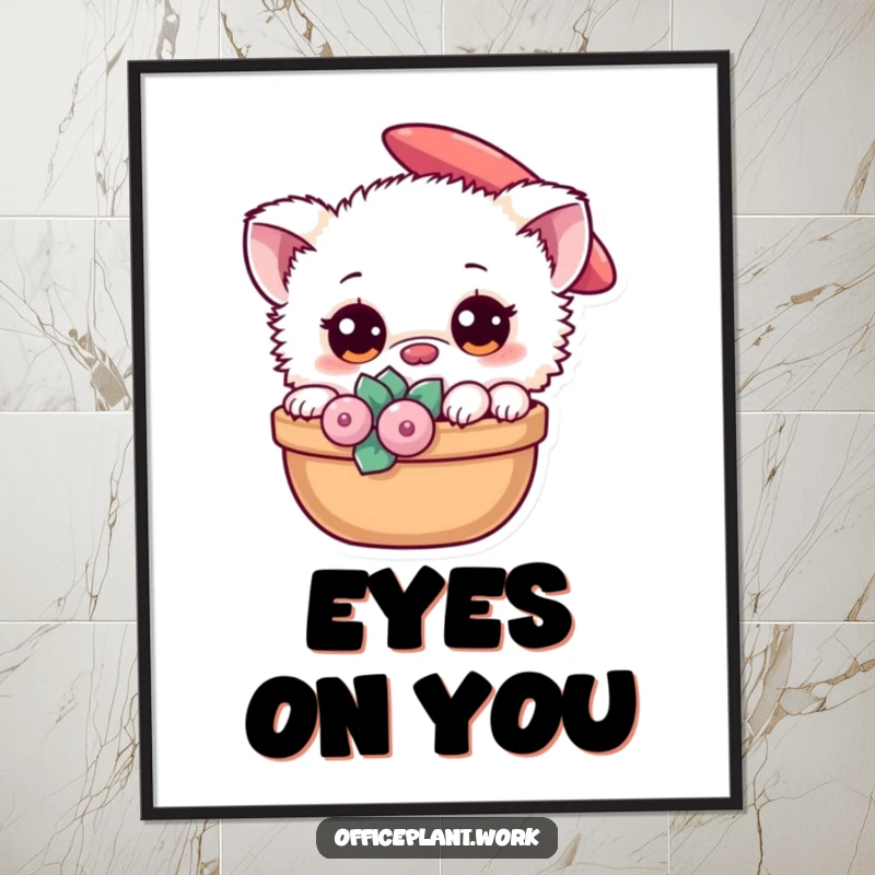 Funny fuzzy creature with large eyes peeking behind a succulent on a poster, ideal for humorous plant-themed wall decor.
