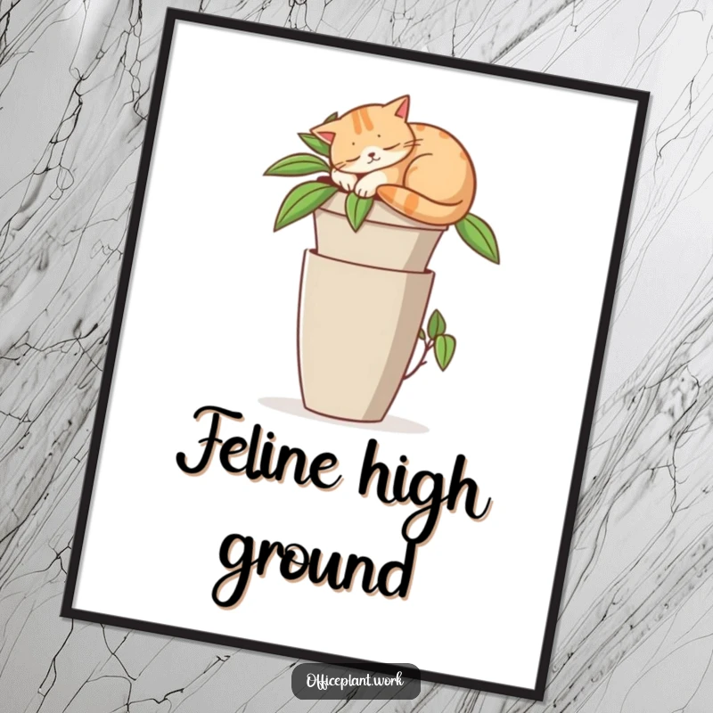 Funny poster illustration of a contented cat napping curled up on a tall office plant pot, a humorous wall art.
