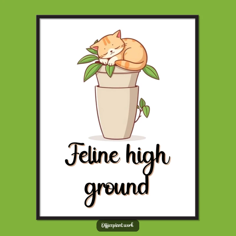 Funny Cat Office Plant Poster - Adorable Napping Feline Art Gift