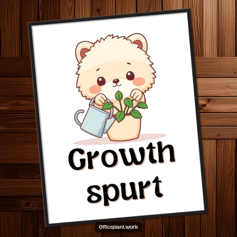 Funny fluffy animal peeking over a desk plant with a tiny watering can on a poster, ideal for humorous plant-themed decor.