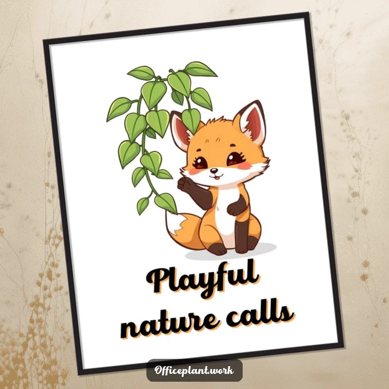 Funny fox cub poster, playfully batting at an office plant leaf, adding whimsical charm and woodland humor to decor.