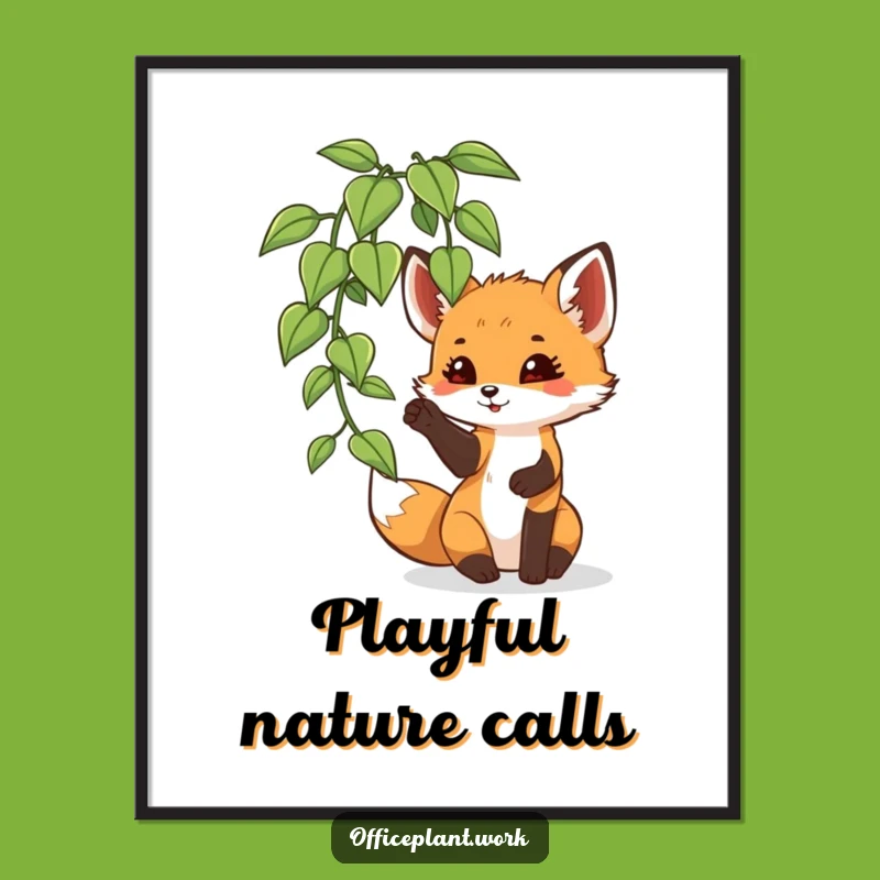 Funny Fox Cub Plant Poster: Playful Paw Wall Art Gift