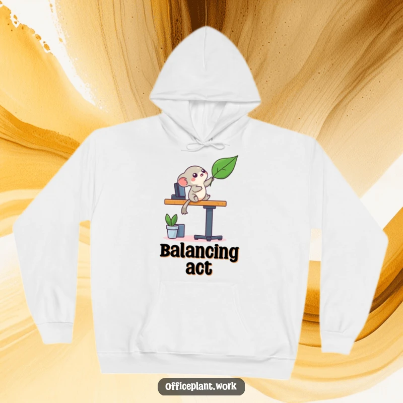 Funny cozy hoodie with a playful creature balancing on a desk leg reaching for a leaf, offering warm humorous apparel.