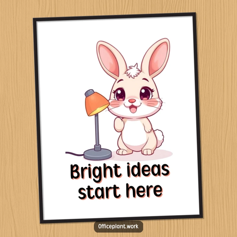 Funny Free Printable Wall Art: A happy bunny with big eyes playfully nudging a desk lamp with its nose, adding a bright touch.