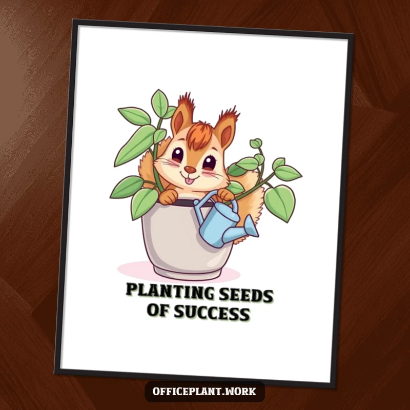 Funny Free Printable Wall Art: A curious squirrel peeking from an office plant, holding a tiny watering can, adding a whimsical touch.