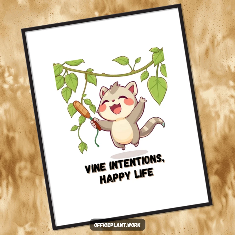 Funny Free Printable Wall Art: A joyous creature playfully swatting at a dangling vine from a plant.