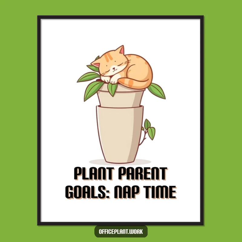 Funny Free Printable Cat Wall Art: Napping Kitty Office Plant Decor, Cozy Downloadable Art