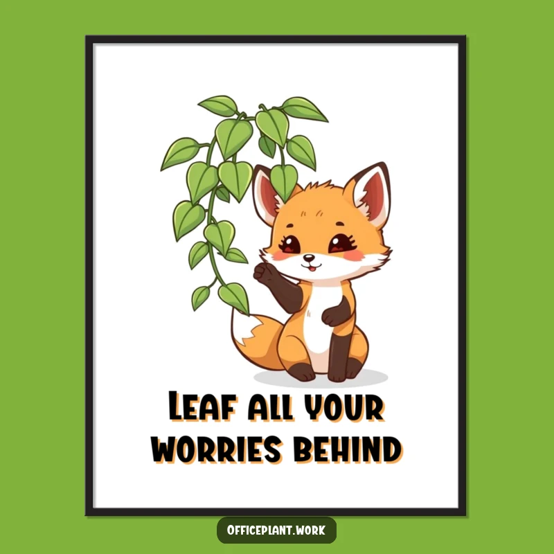 Free Printable Wall Art: Funny Fox Cub Playing Plant, Downloadable Humorous Decor for a Wild Space