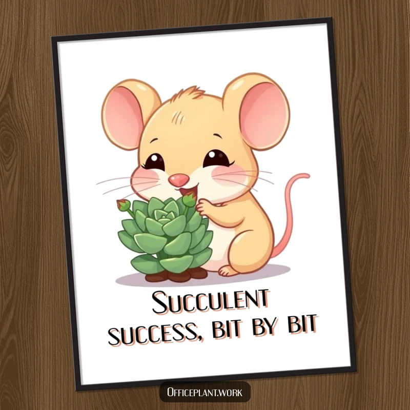 Funny Free Printable Wall Art: A cheerful mouse nibbling a small sprout from a succulent plant, adding a touch of nature's humor.