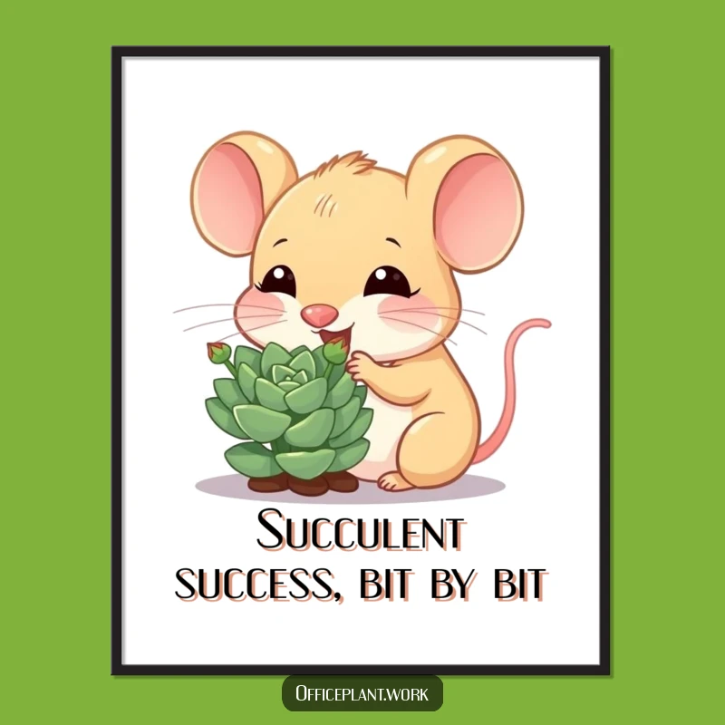 Free Printable Wall Art: Funny Mouse Nibbling Succulent, Downloadable Humorous Decor for a Green Space