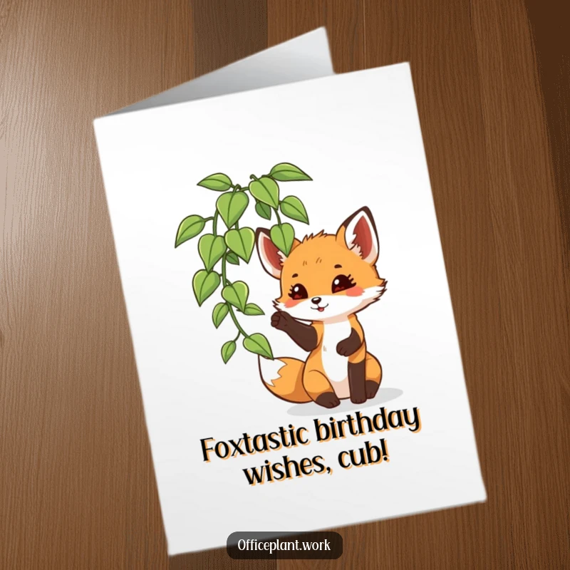 Funny Free Printable Birthday Card: A playful fox cub batting at an office plant leaf with its paw, ready to celebrate.