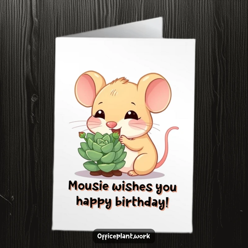 Funny Free Printable Birthday Card: A cheerful mouse nibbling a sprout from a succulent plant, celebrating your birthday.