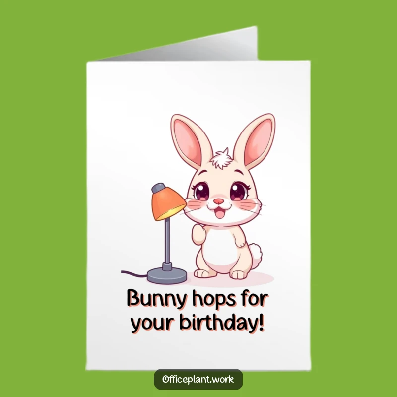 Free Printable Bunny Birthday Card: Funny Lamp-Nudging Bunny, Downloadable Greeting for a Bright Celebration