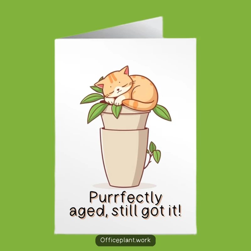Free Printable Funny Cat Birthday Card: Napping Kitty Office Plant Design, Downloadable Gift