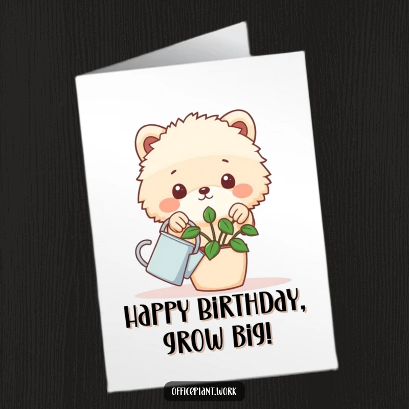 Funny Free Printable Fluffy Animal Birthday Card, a cute fluffy animal peeking over a plant with a watering can, ready to print.