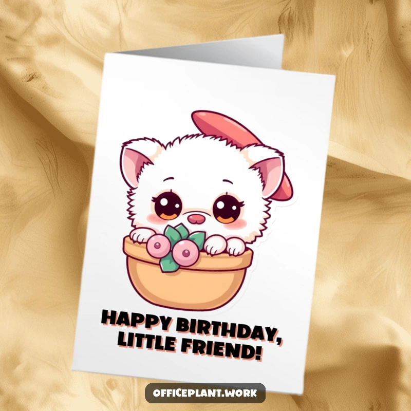 Funny Free Printable Fuzzy Creature Birthday Card, a small, fuzzy creature with big eyes peeking from a succulent, ready to print.